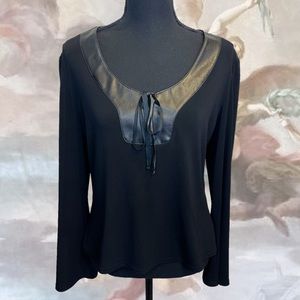 Vintage Joseph Ribkoff Black Faux Leather Top Shirt Blouse Long Sleeve Bow 14